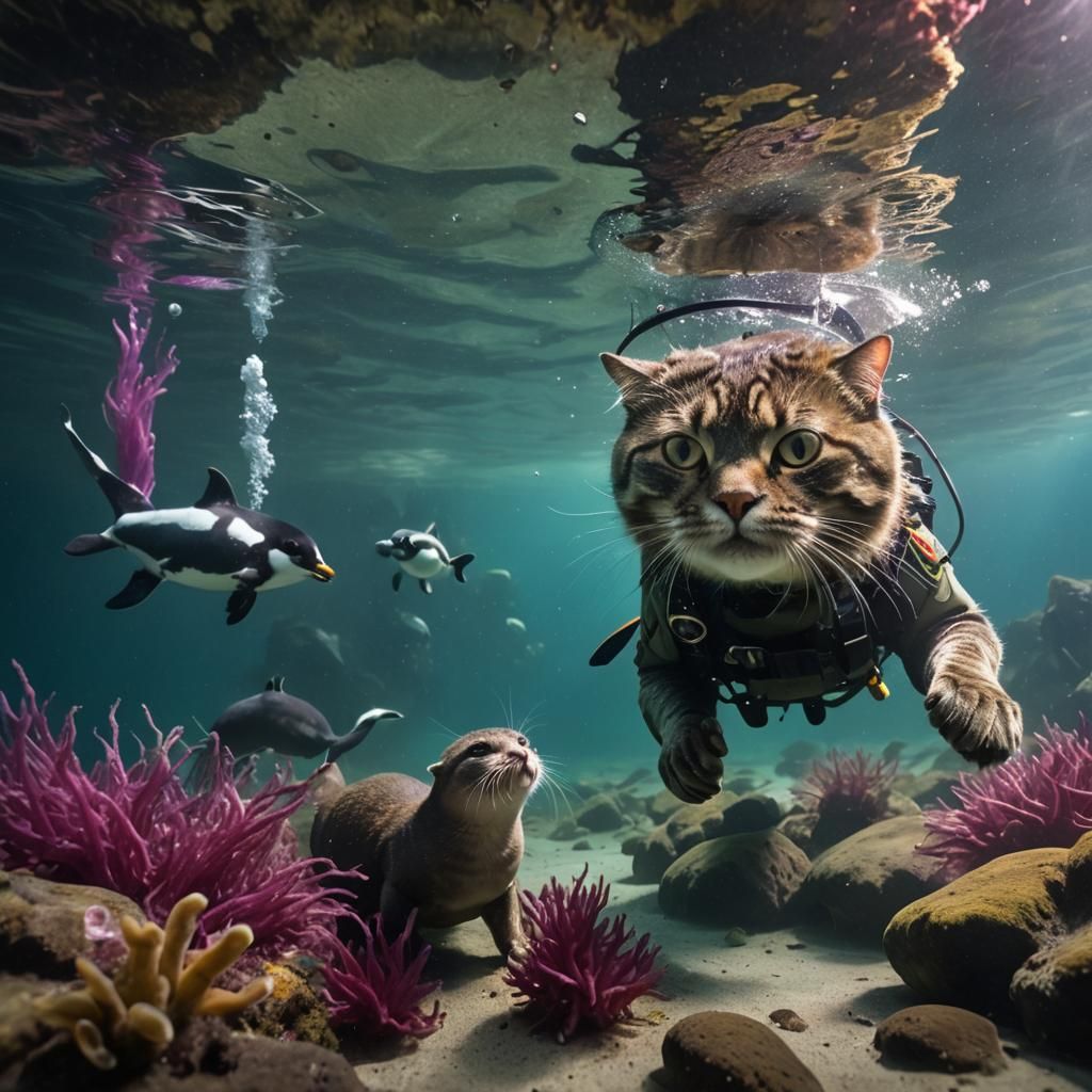 Underwater Cat Swims with Friends: Wildlife Photography