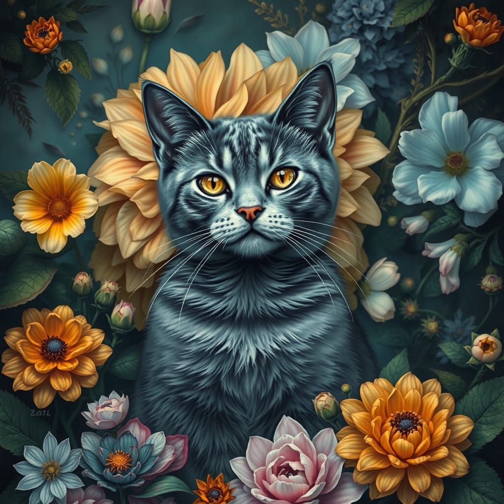 Grey Cat Amidst Flowers in Gothic Psychedelic Style