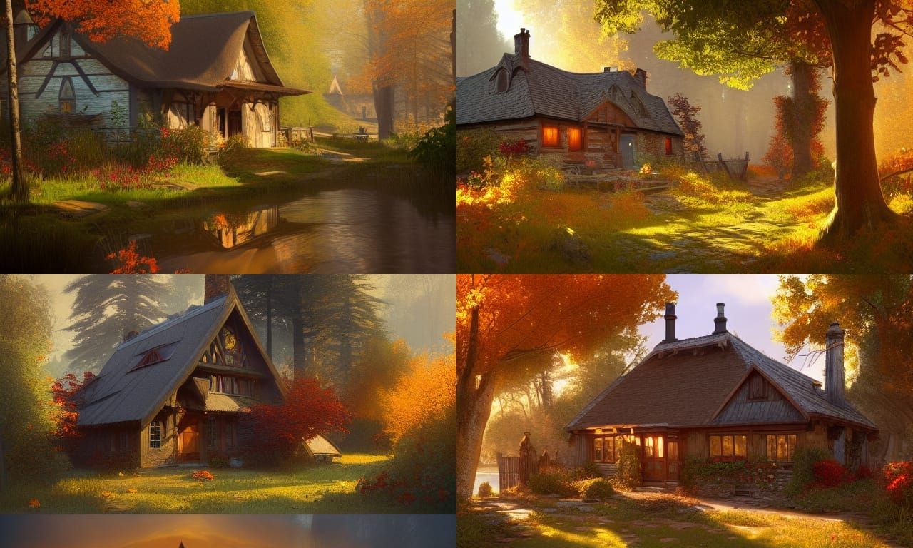 Autumnal Cottage by Lake: Hyperdetailed Concept Art