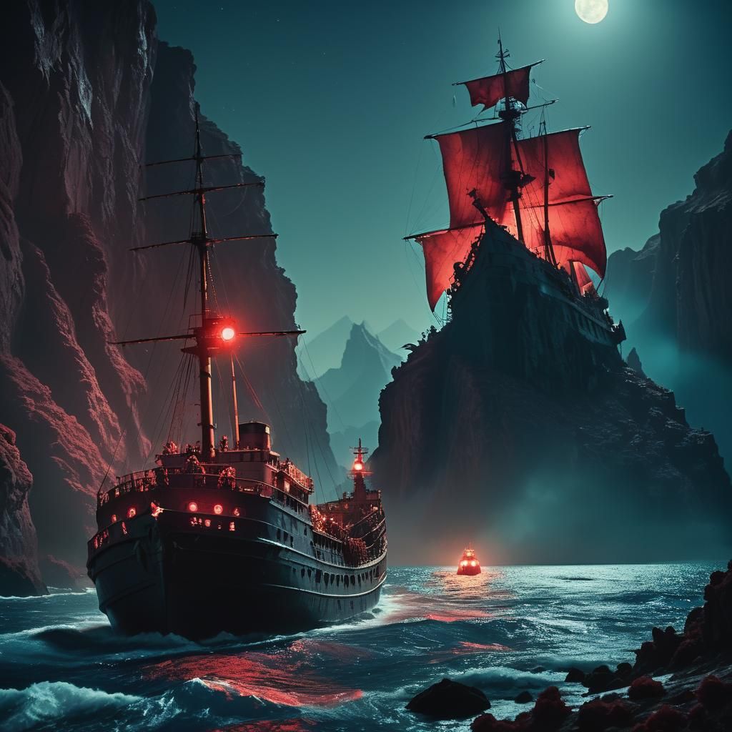 A glowing red sea with a ship navigating through dangerous m...