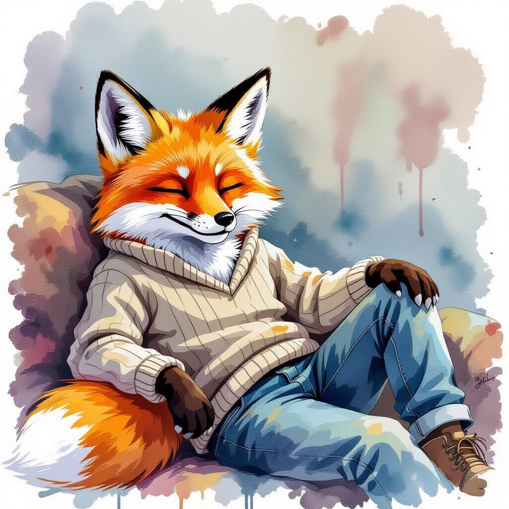 Anthropomorphic Fox Lounging in Watercolor Style