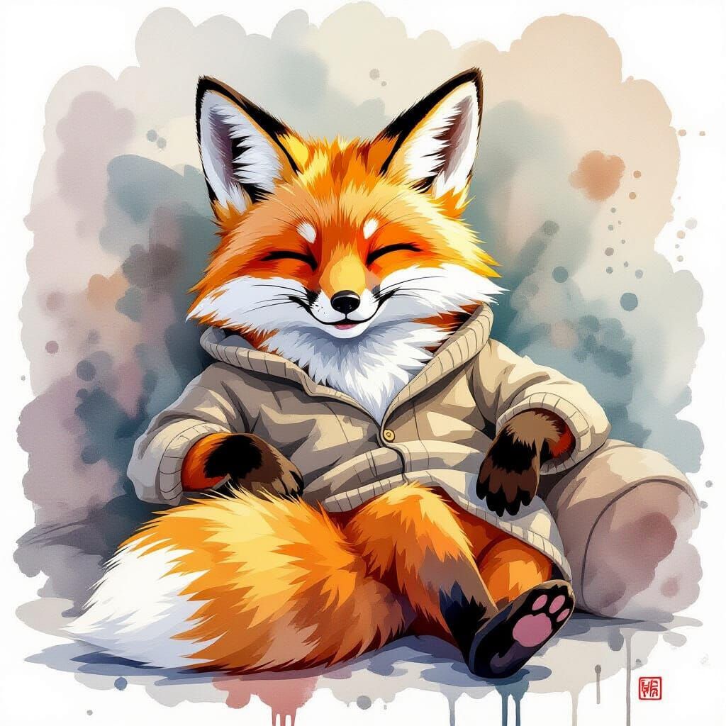 Anthropomorphic Fox Lounging in Watercolor Style