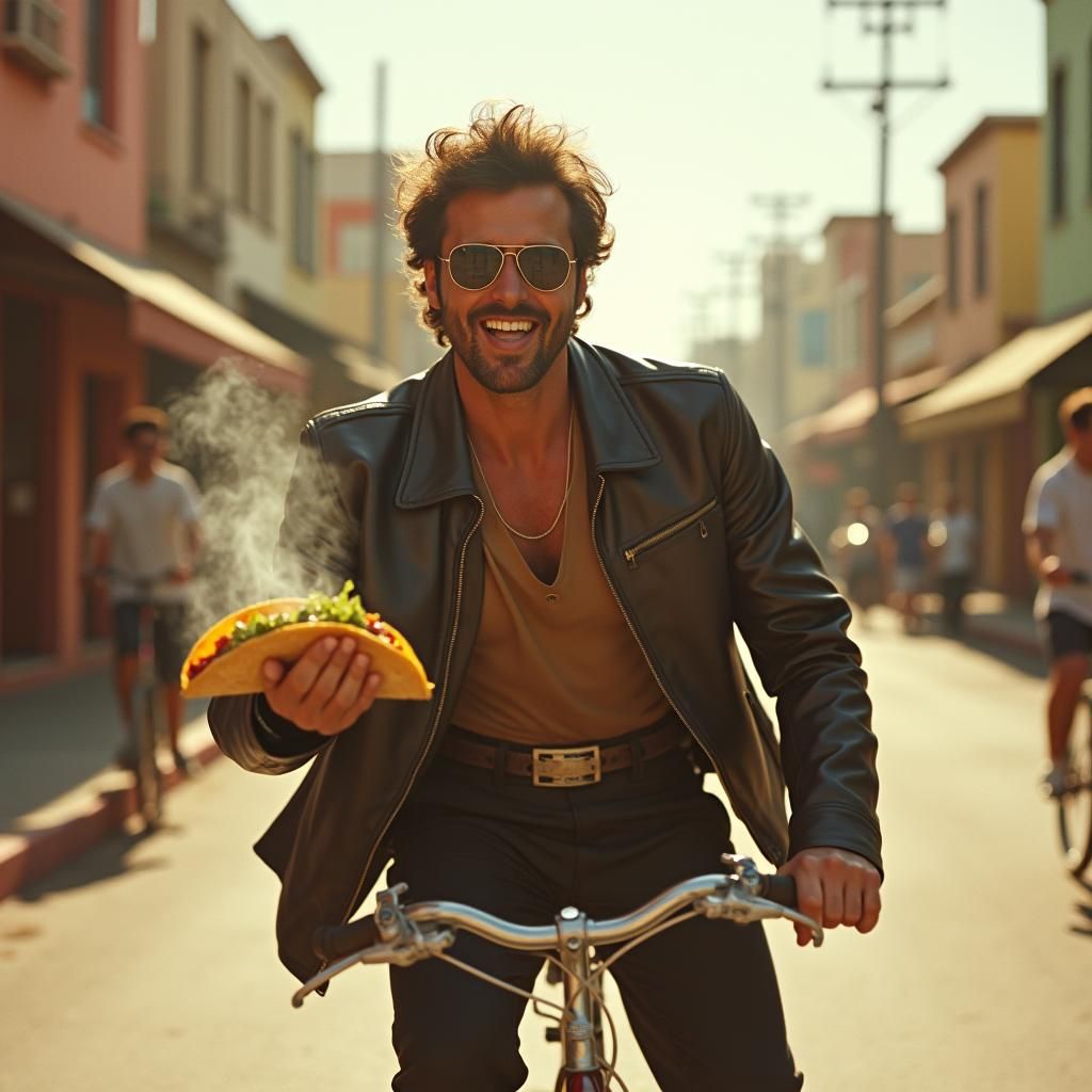Retro Man Rides Bicycle Eating Taco