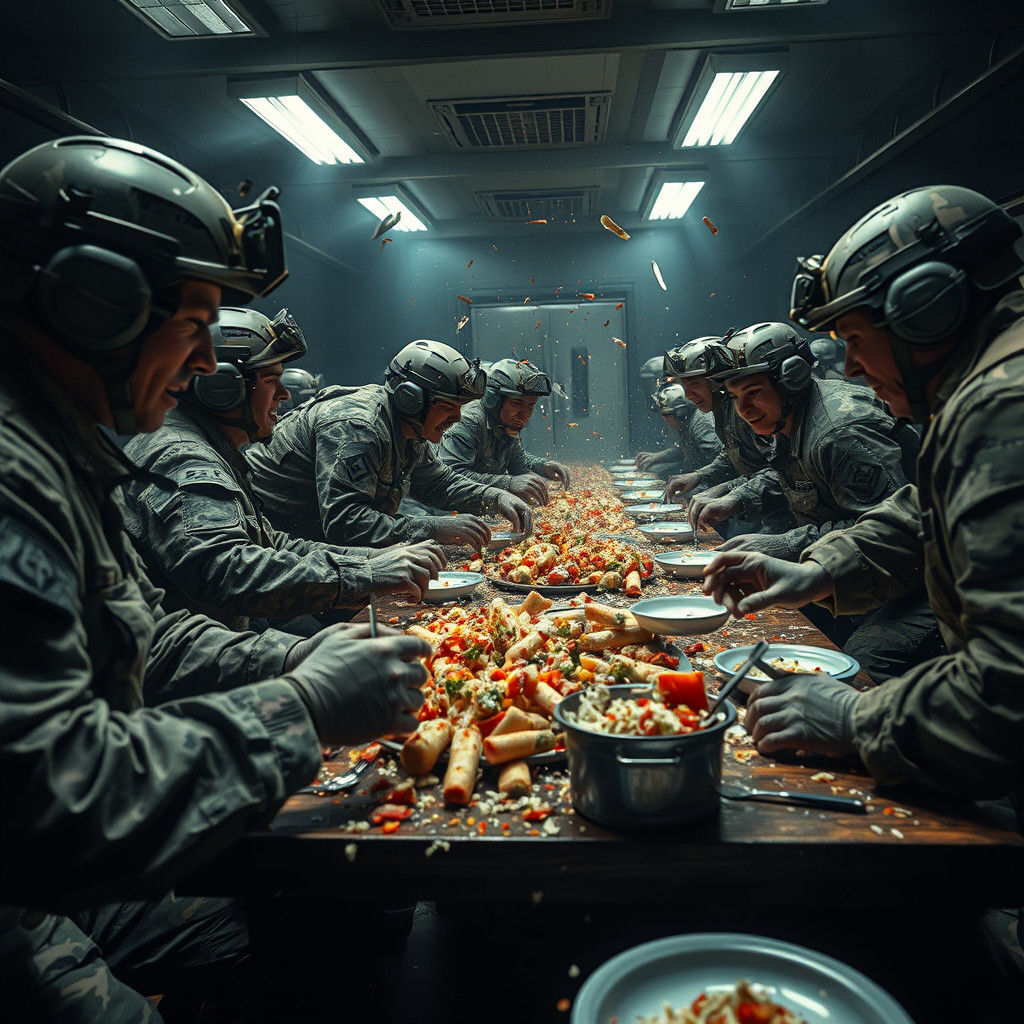 Soldiers' Mess Hall Food Fight in Hyperrealism