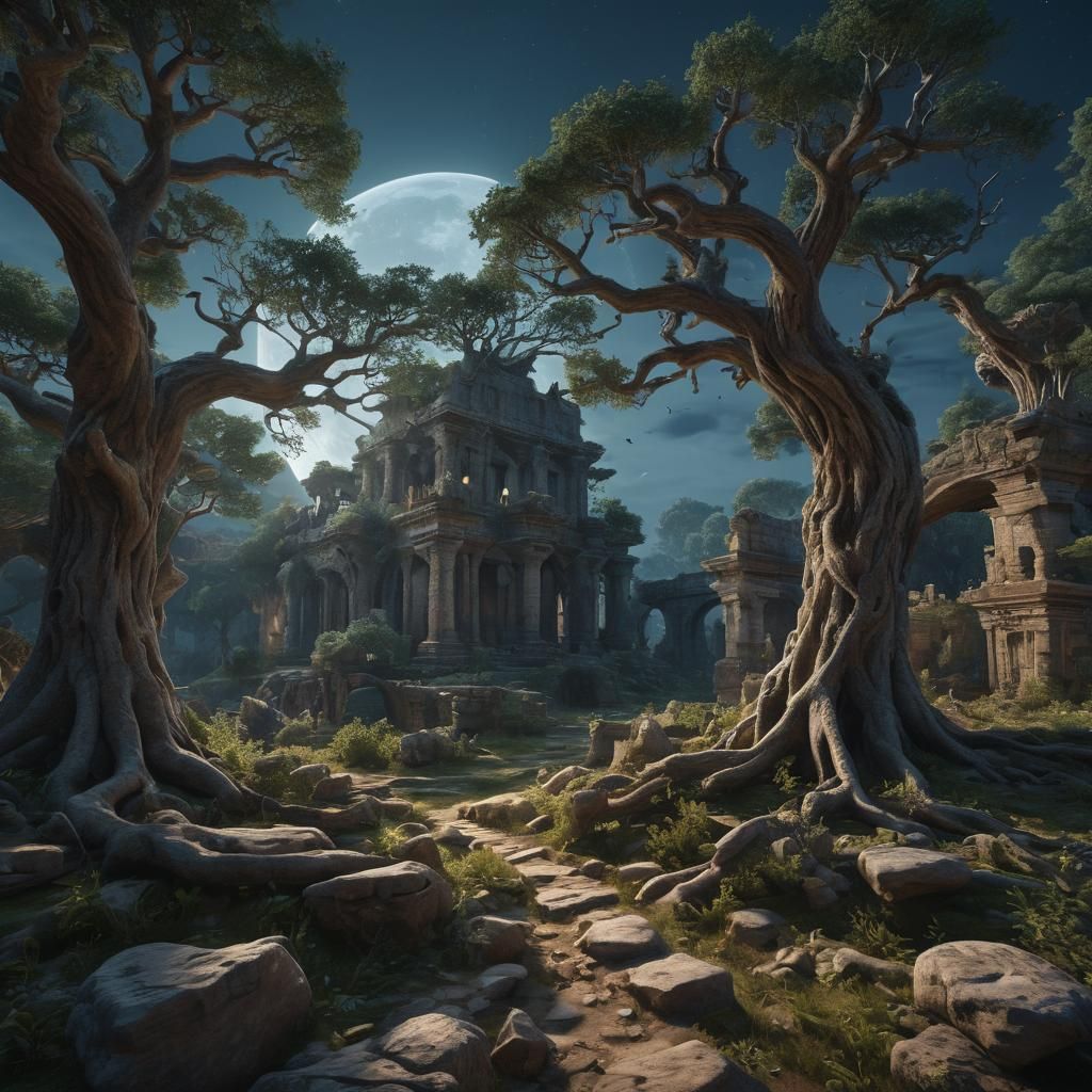 Enchanted Landscape with Gnarled Trees and Stone Ruins