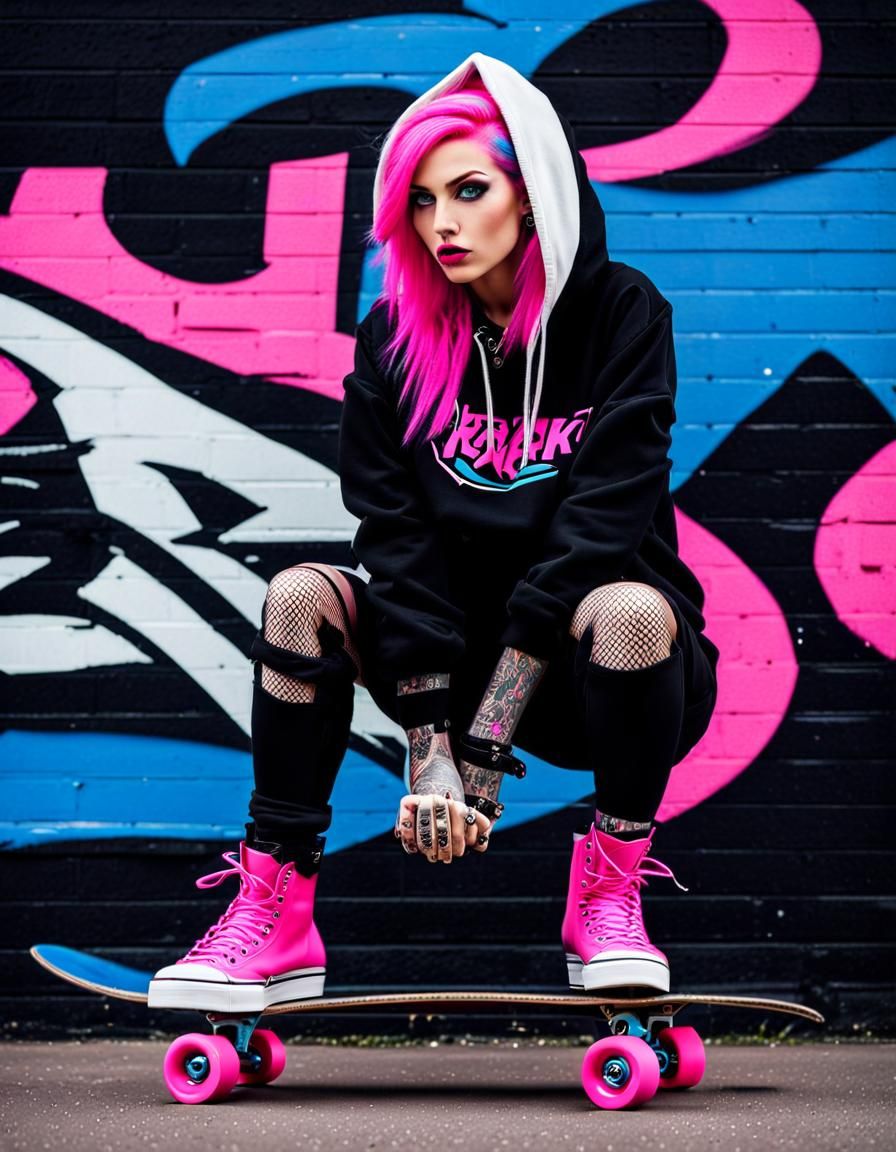 Punk Skater Girl in Cyberpunk Urban Scene
