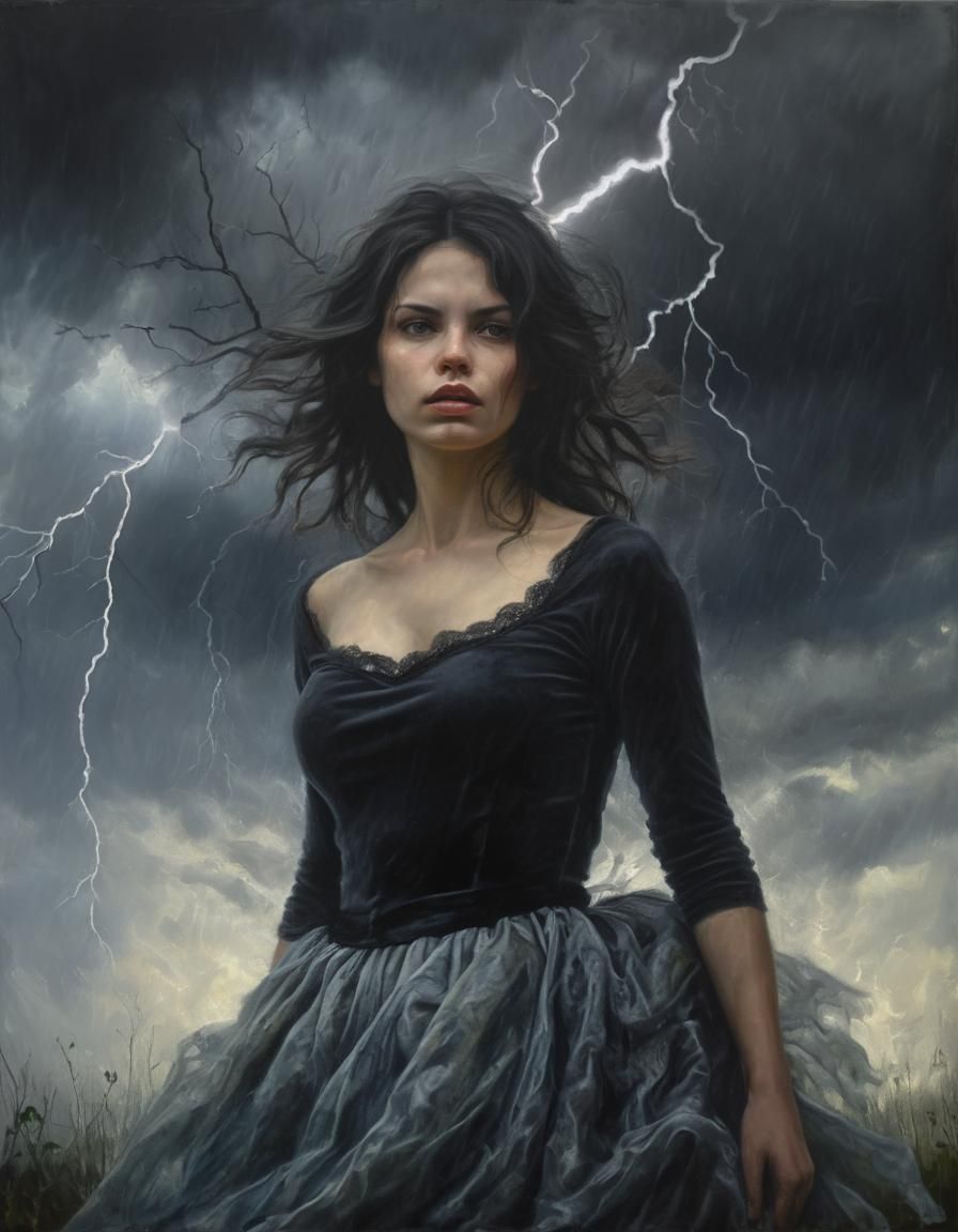 Ethereal Woman in Storm, Chiaroscuro Oil Painting