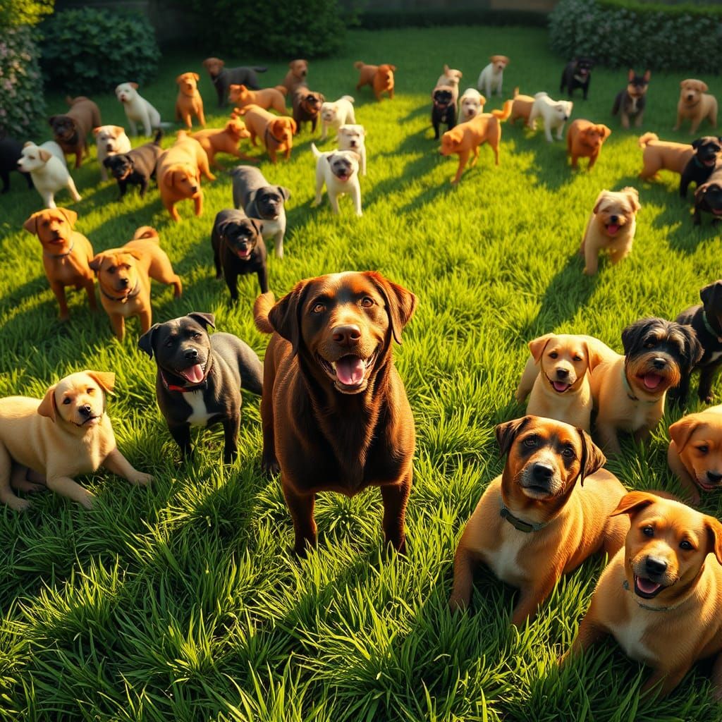 Photorealistic Dogs Play on Sunny Lawn