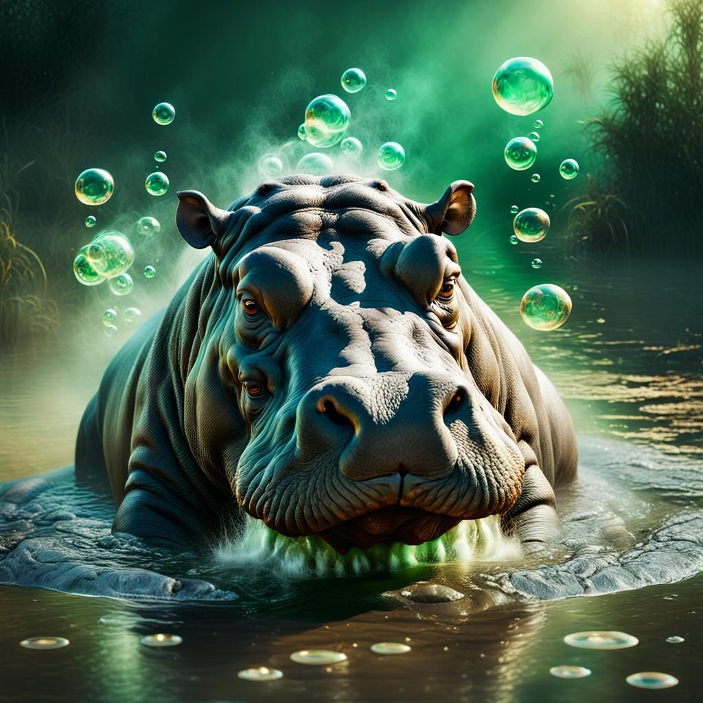 Hippo in Boiling Pond: Hyperrealistic Concept Art