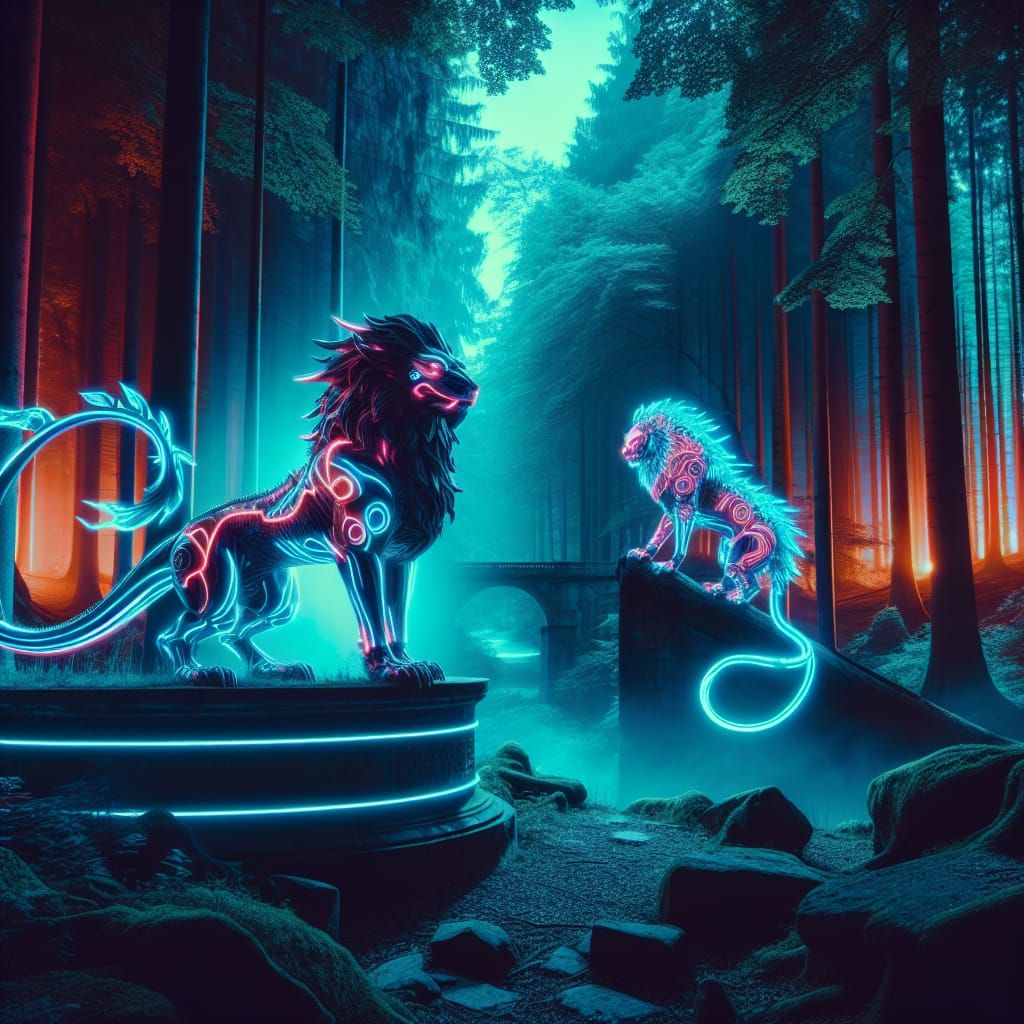 Dragon-Lion Hybrid in Cyberpunk Forest with Neon