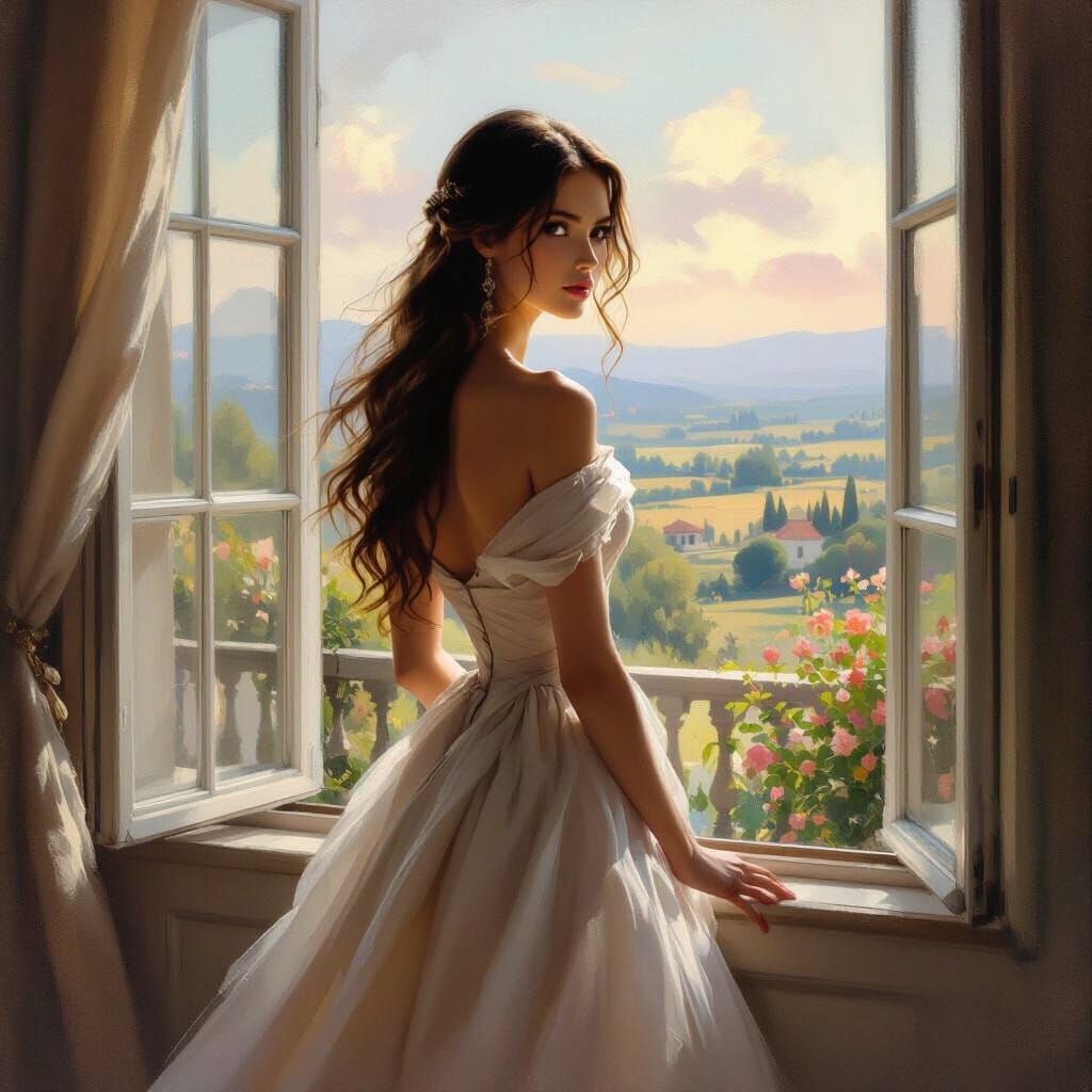 Elegant Girl at Window Overlooking Landscape in Impressionis...