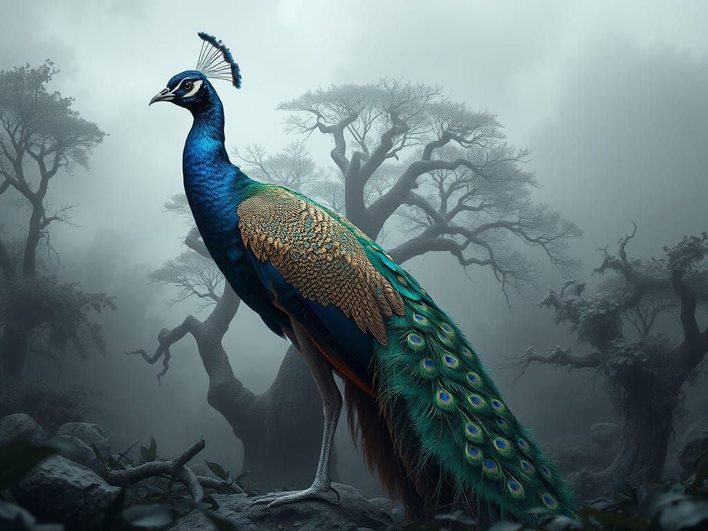 Vibrant Peacock in Gray Jungle