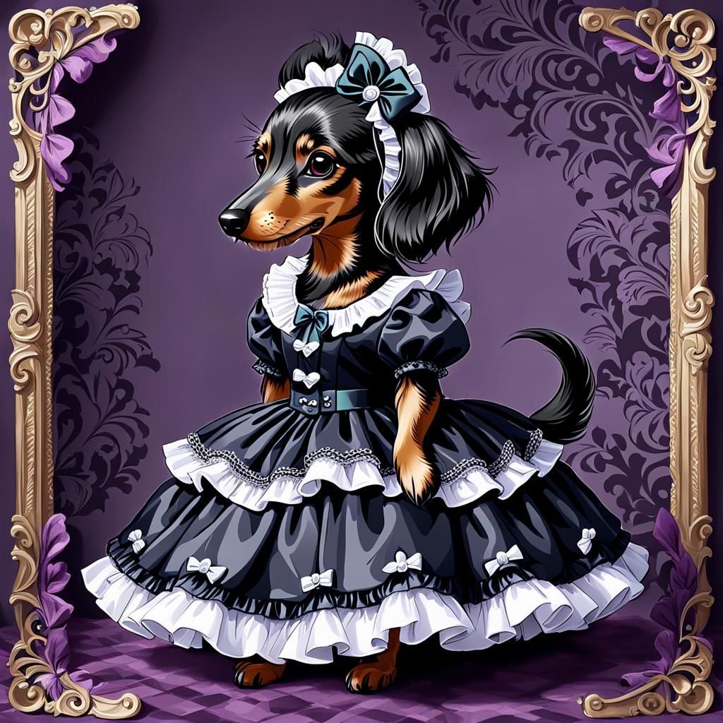 Dachshund in Elegant Gothic Victorian Dress