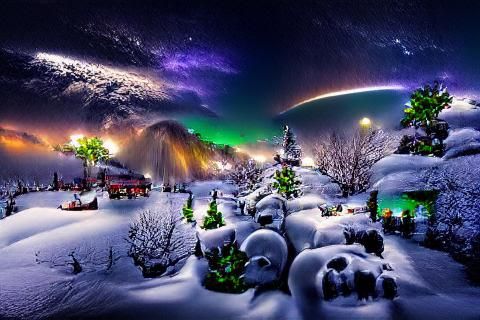 Christmas Night: Aurora Borealis over Snowy Landscape