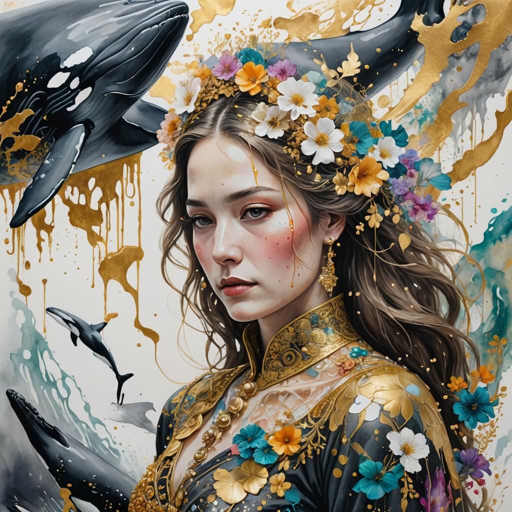 Woman with Whales in Mixed Media Art