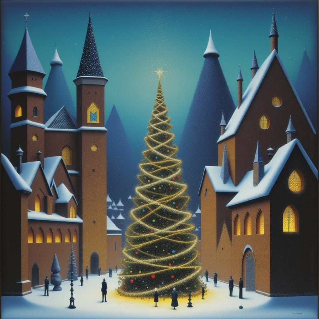 Cosmic Snowfall Over Medieval Christmas City