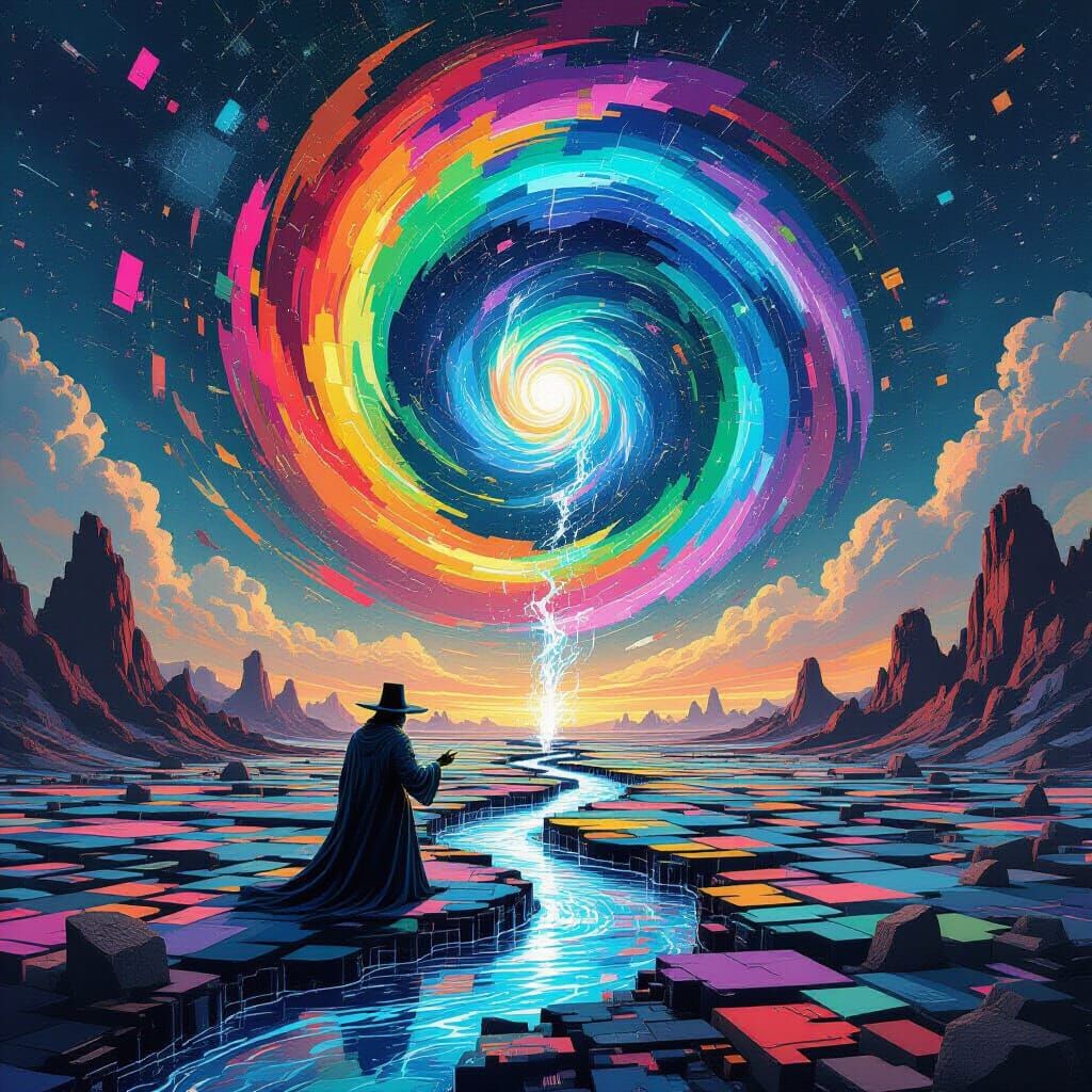 Surreal Alchemist Brews Data Potion in Glitch Art Landscape