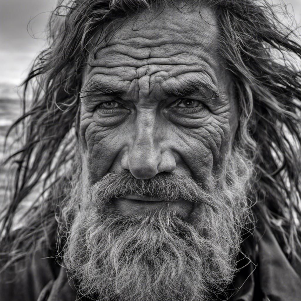 Intense Fisherman Portrait with Scar in Ink