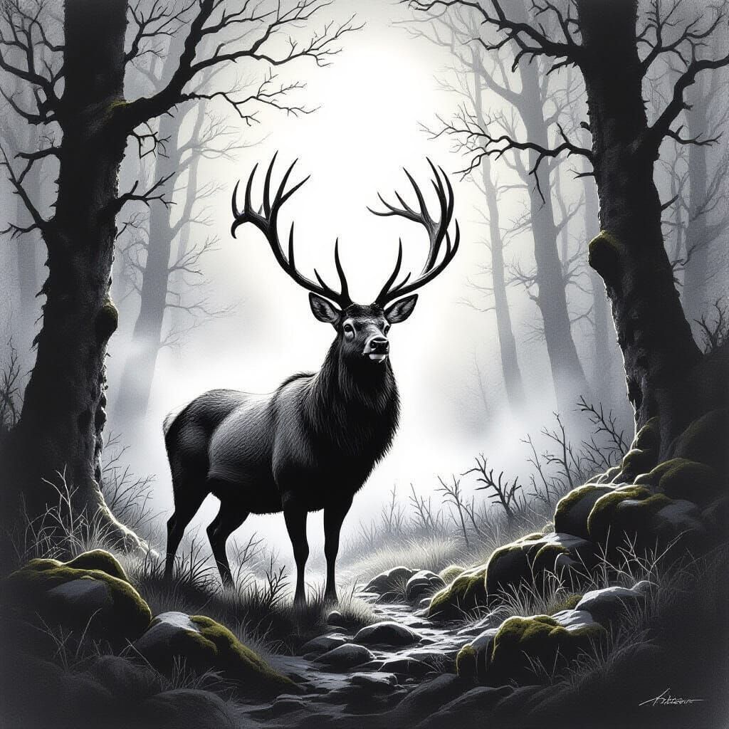 Stag in Misty Forest Clearing: Charcoal Rendering