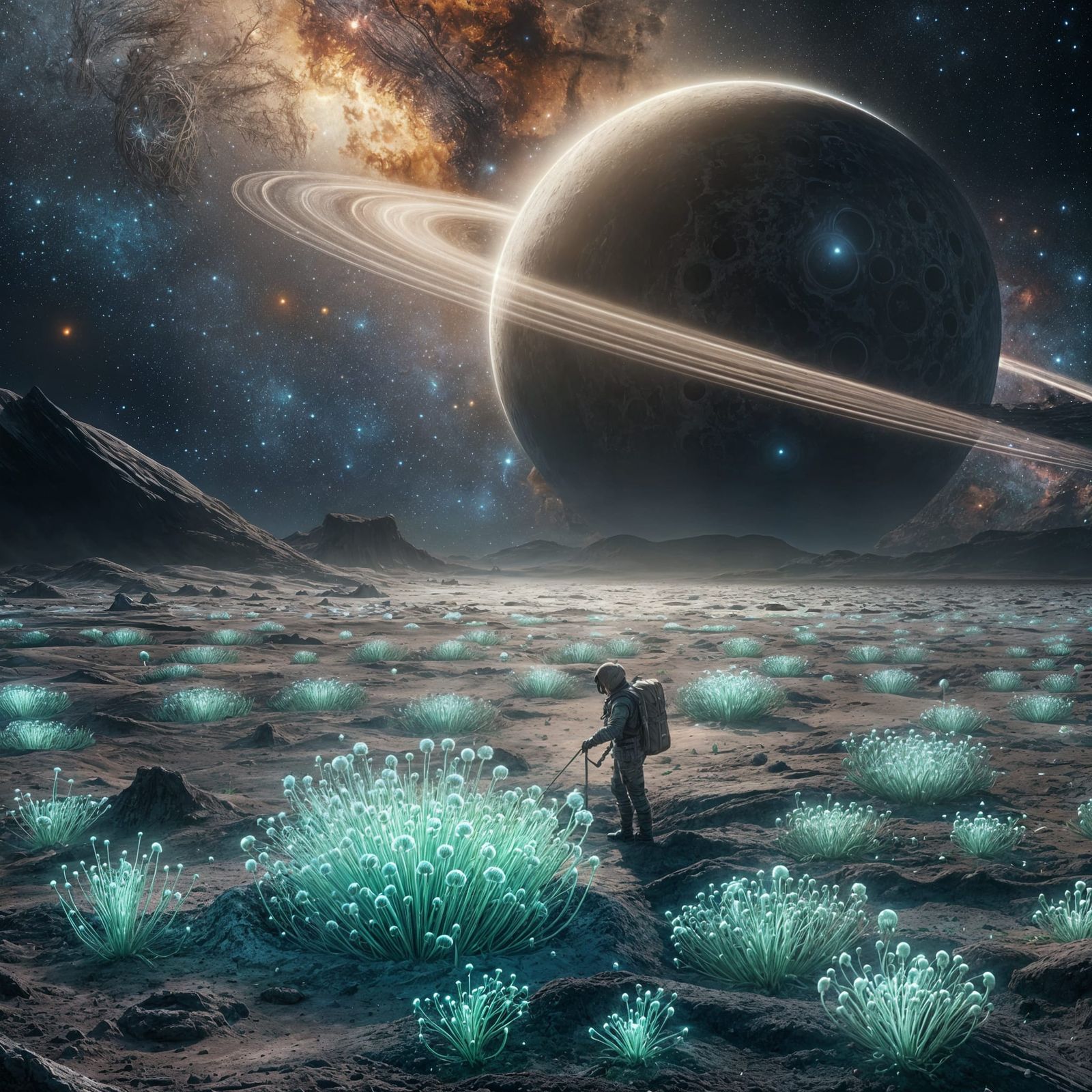 Luminescent Flora on Cratered Moon: Digital Painting