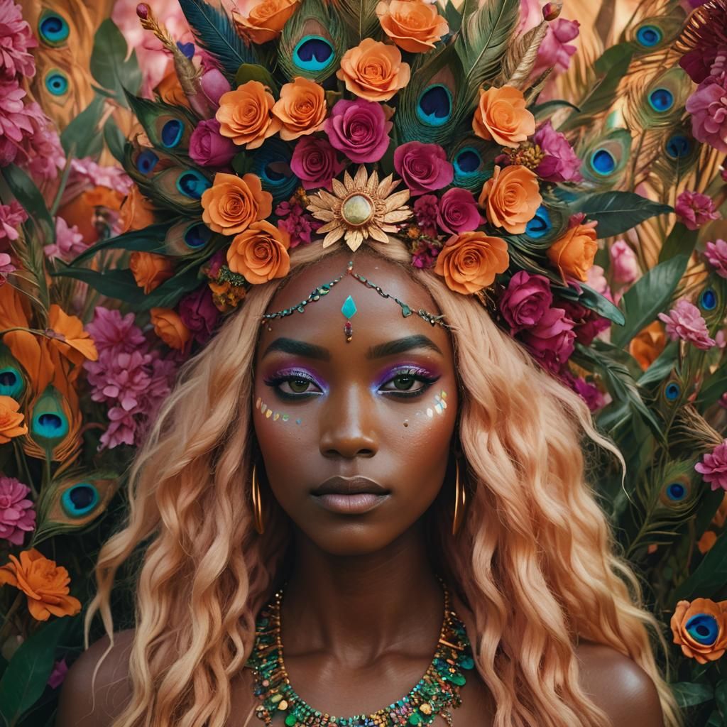 African Woman with Rainbow Skin and Peacock Feathers