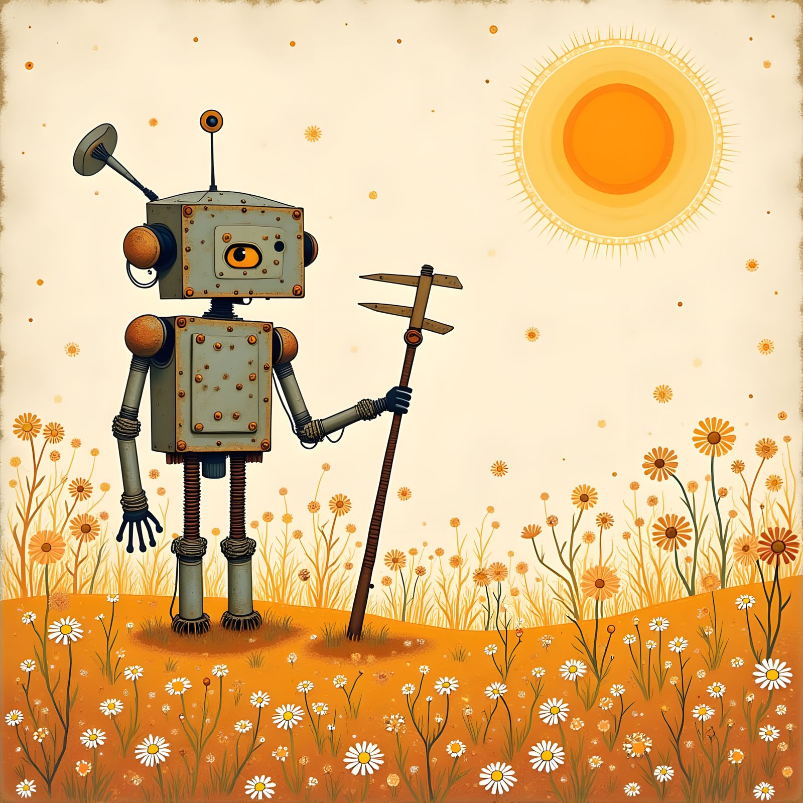 Cute Paleolithic Robot in Daisy Field