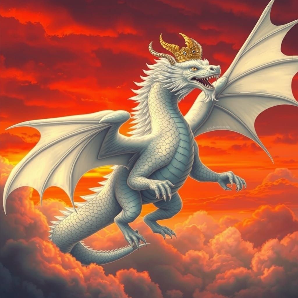 Crowned White Dragon Soaring in Fiery Sunset