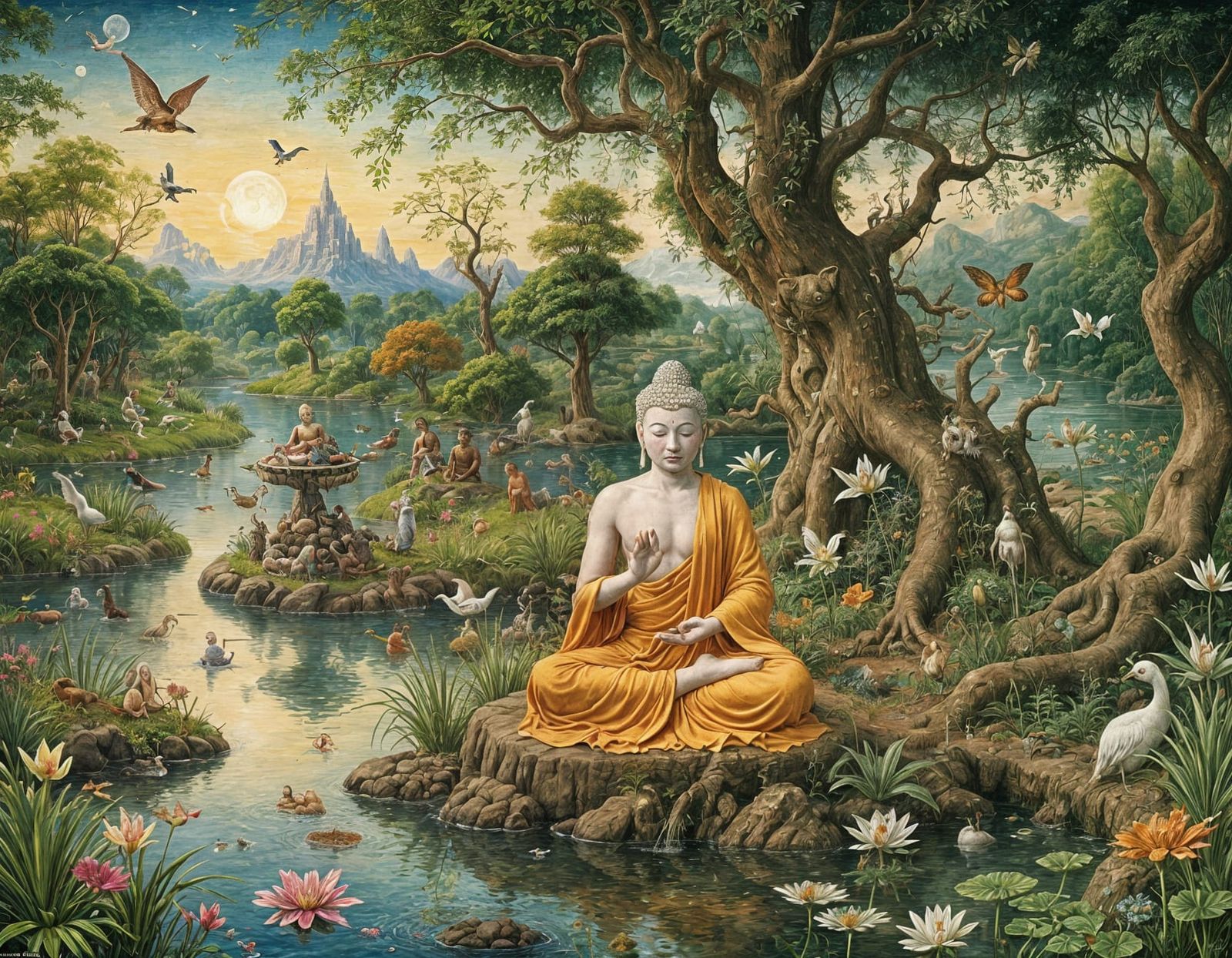 Buddha Amidst Tiny Monstrous Fantasy, in a Bosch-Inspired Te...