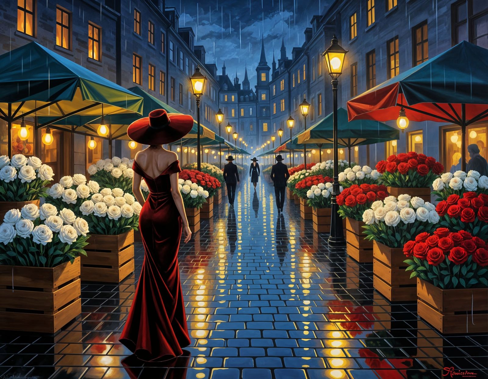 Elegant Woman at Night Flower Market in Rainy City