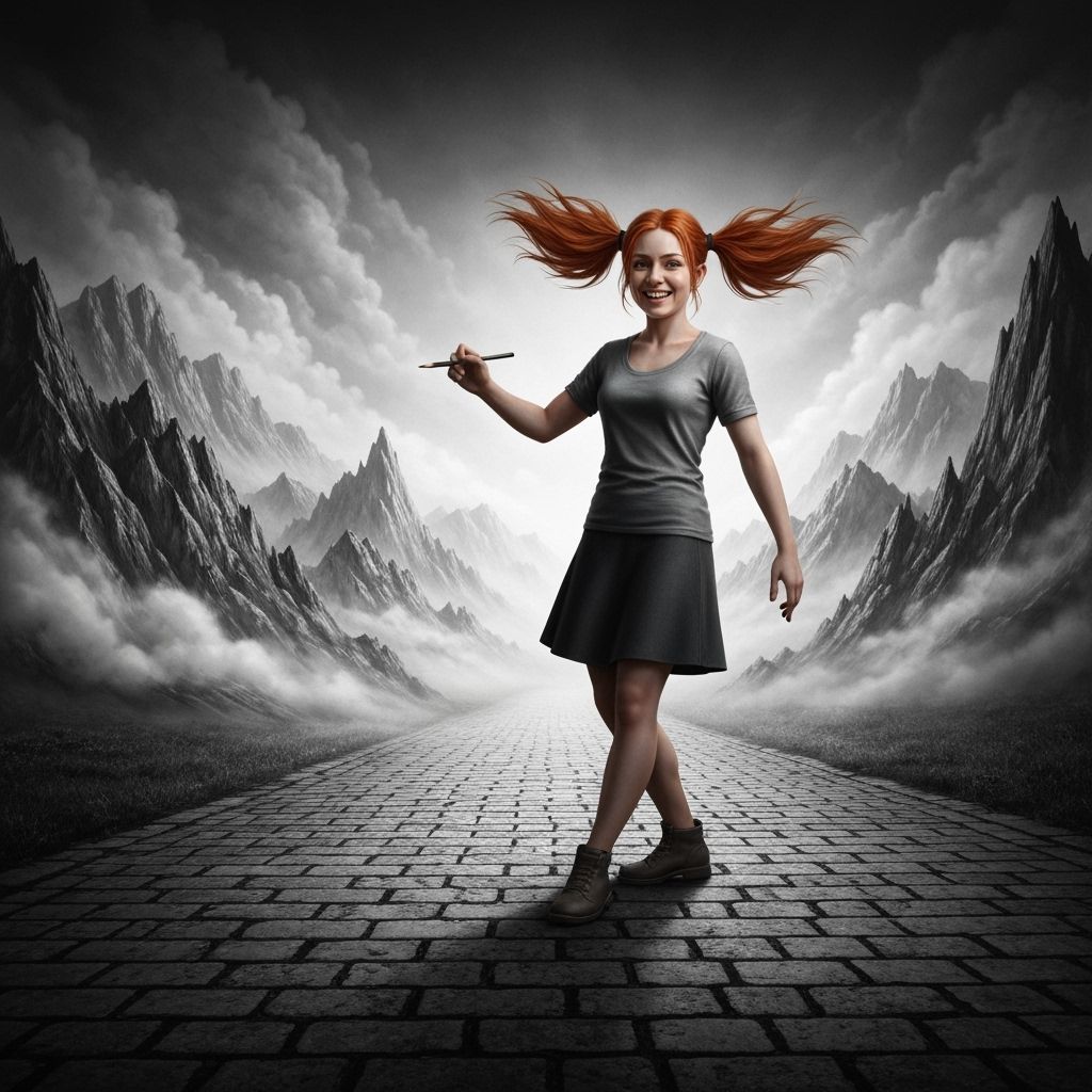 Photorealistic Woman Drawing a Fantasy World with Pencil