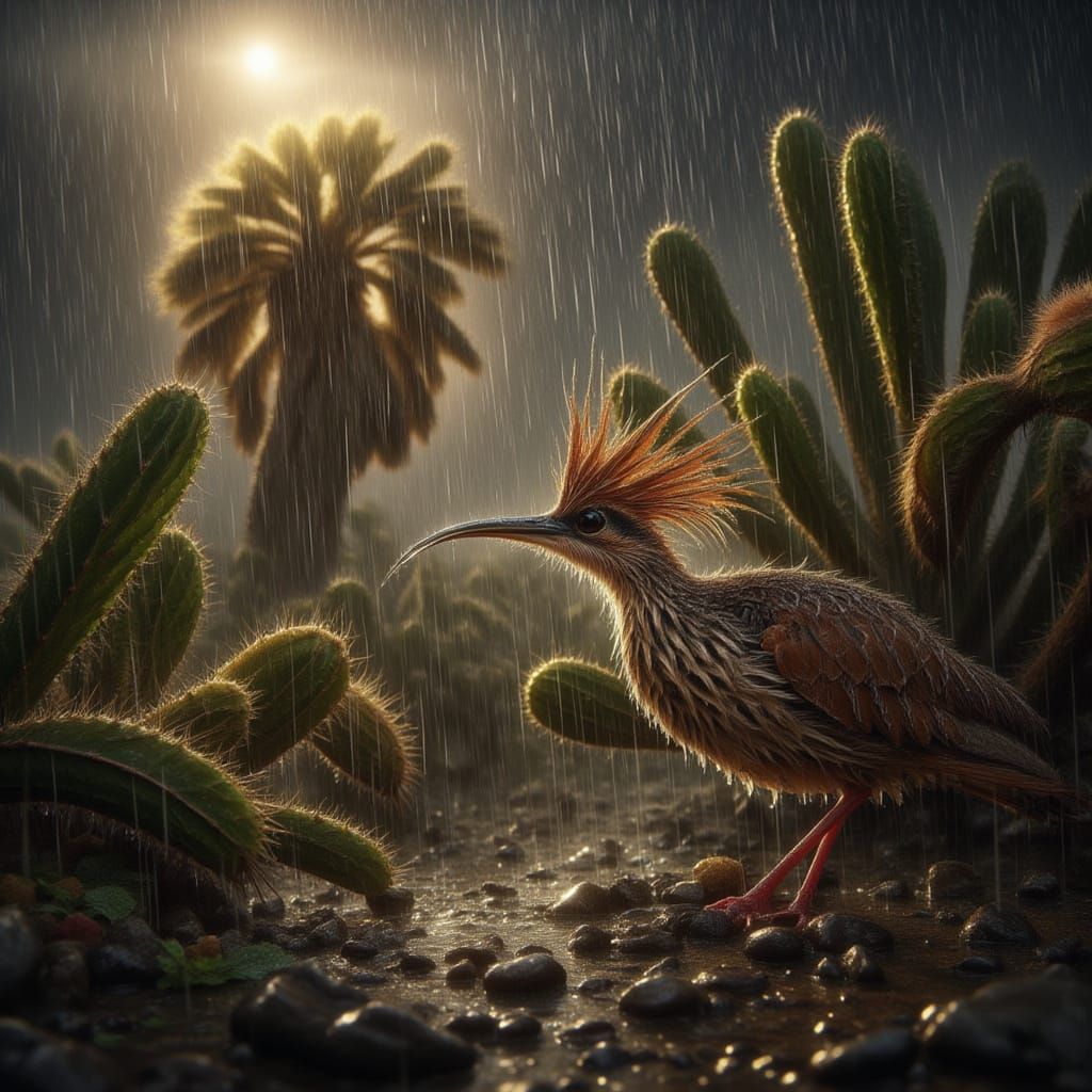 Roadrunner Seeks Shelter in Dramatic Golden Hour Rainstorm