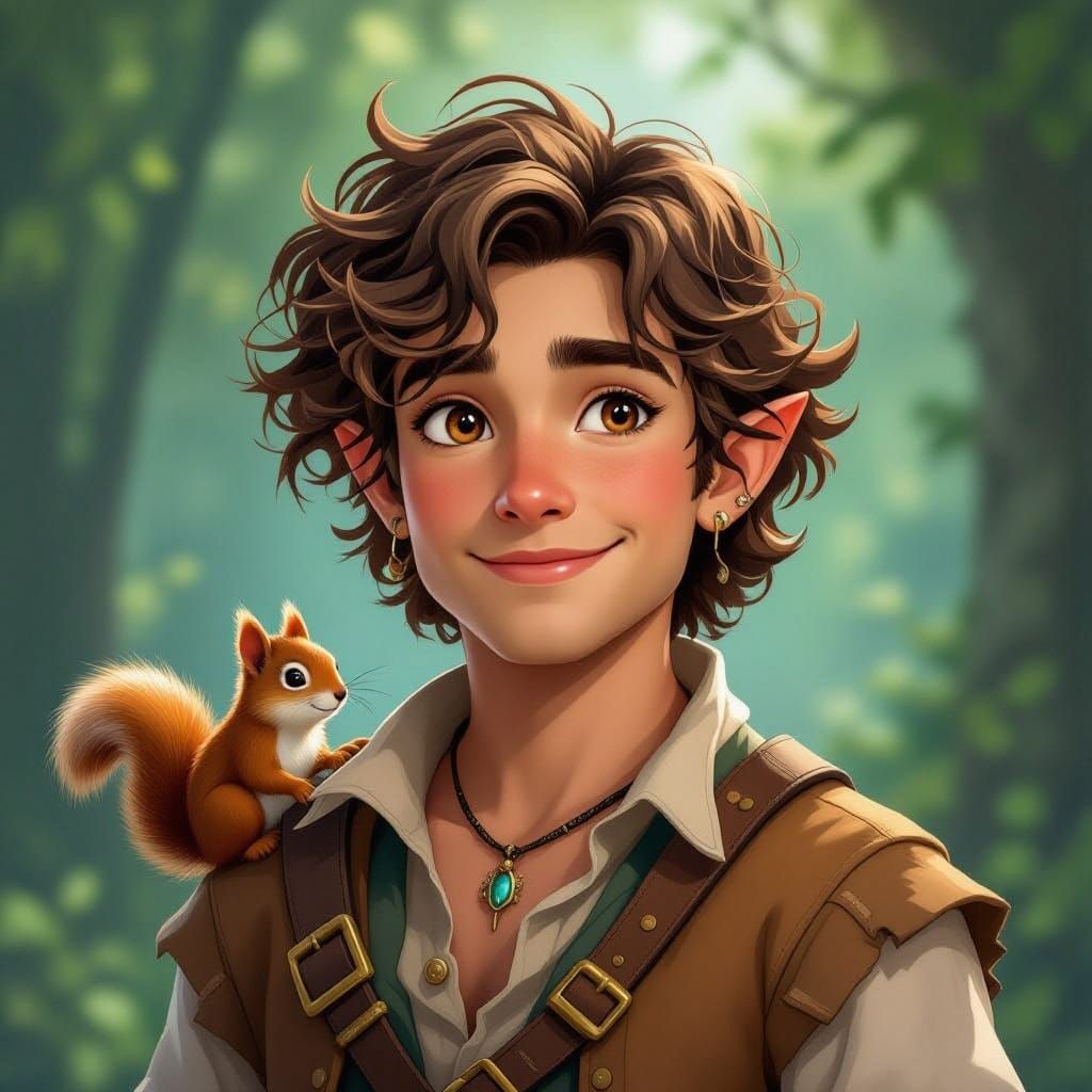 Half-Elf Bard in Whimsical Attire, with Tiny Squirrel Compan...