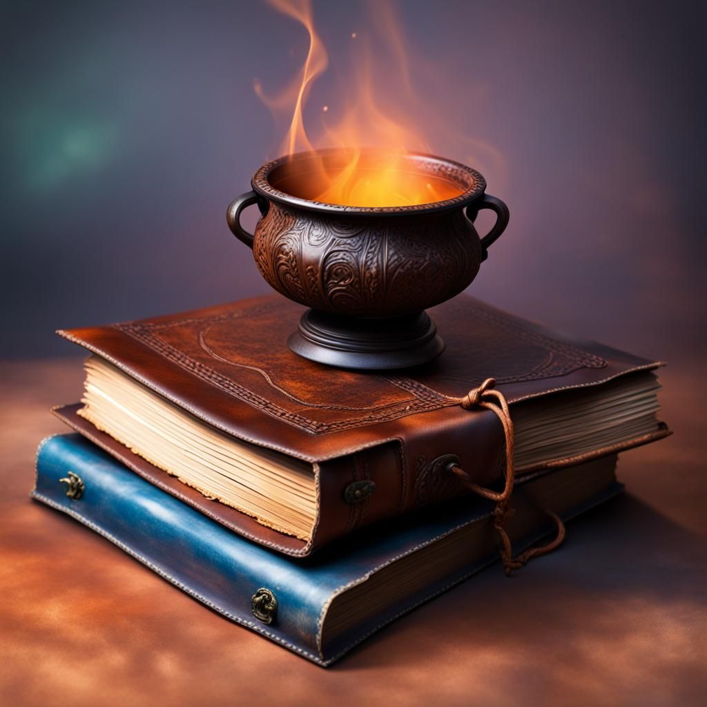 Hyperrealistic Cauldron Scene with Leather Book