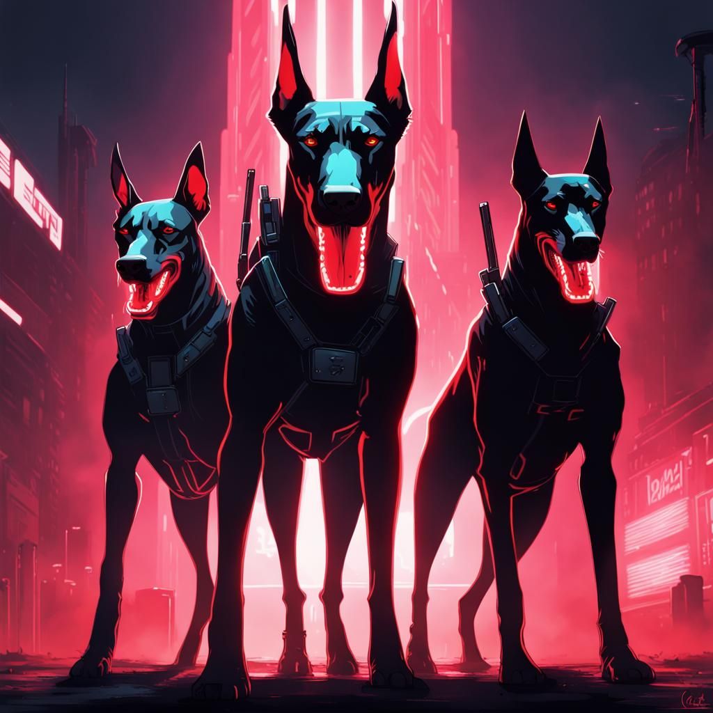 Cyberpunk Cerebus: Three-Headed Doberman in Neon