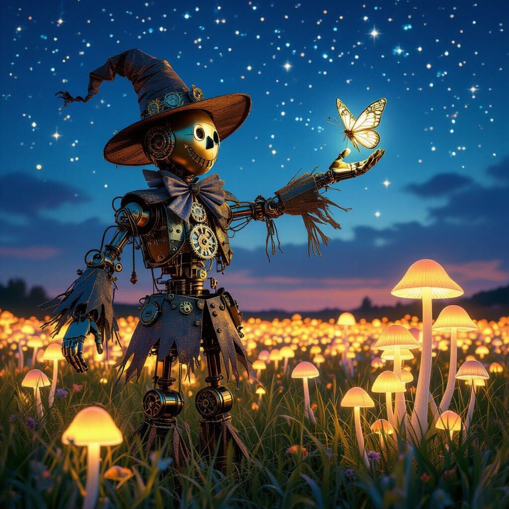 Steampunk Brass Scarecrow in Bioluminescent Mushroom Field