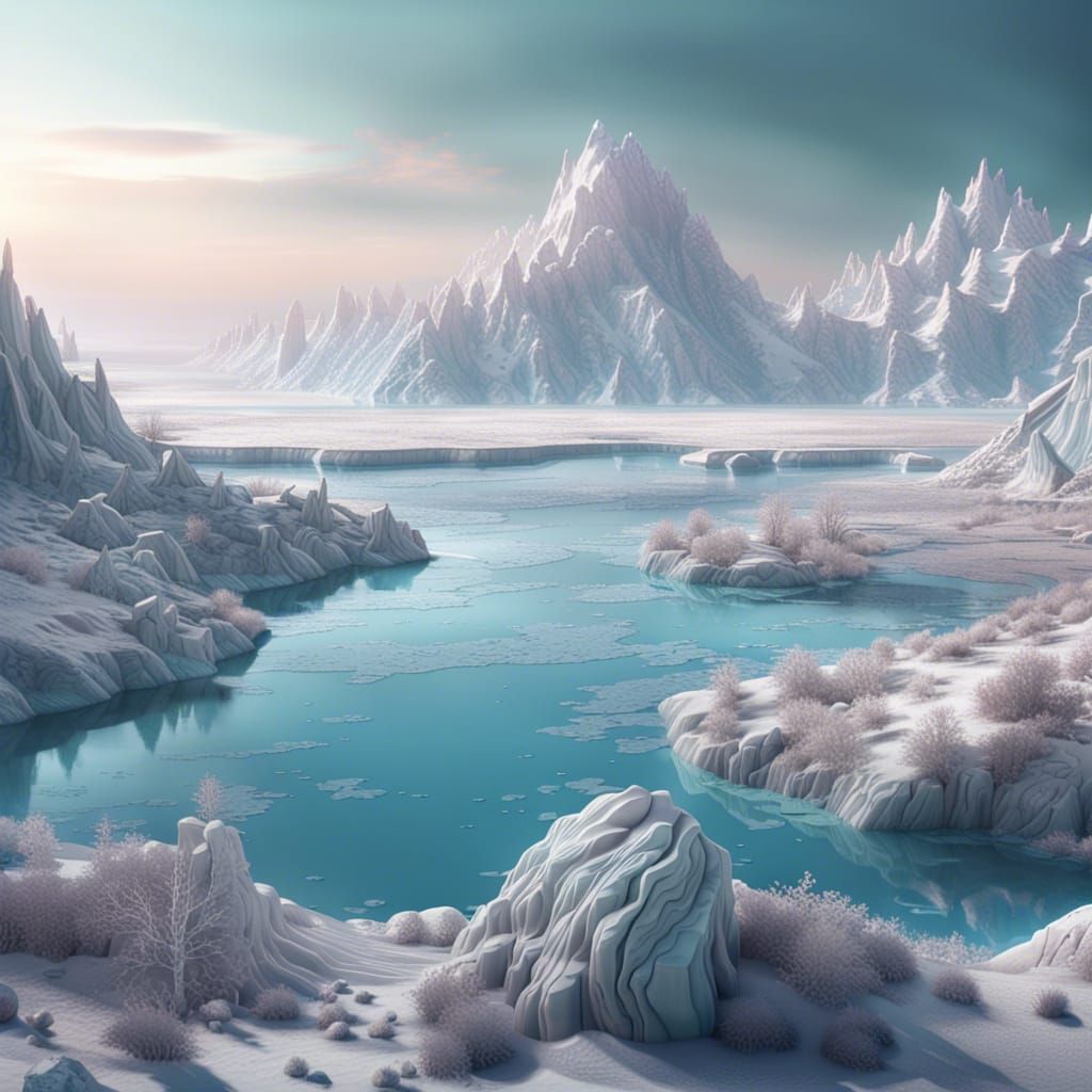Desolate Frozen Lake on Exoplanet in Digital Art
