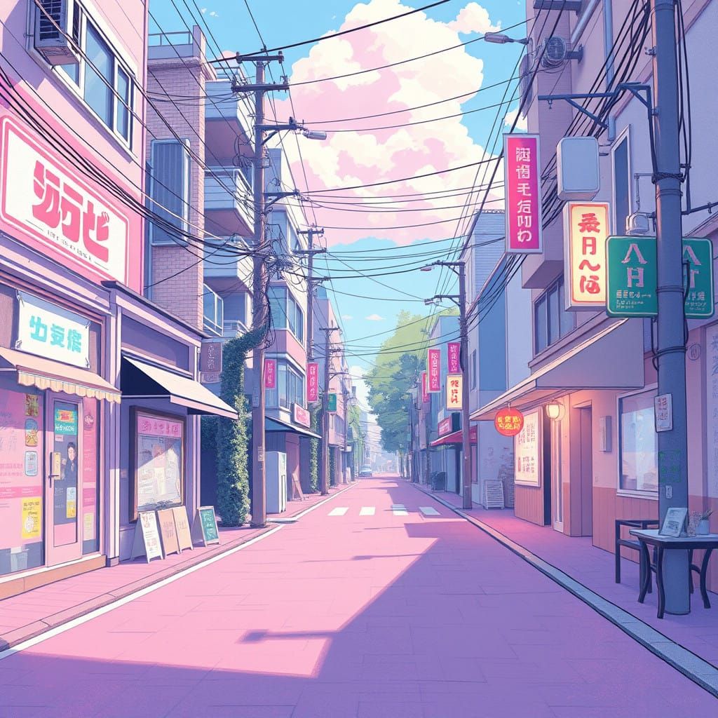 Whimsical Pastel Cityscape in Anime Style