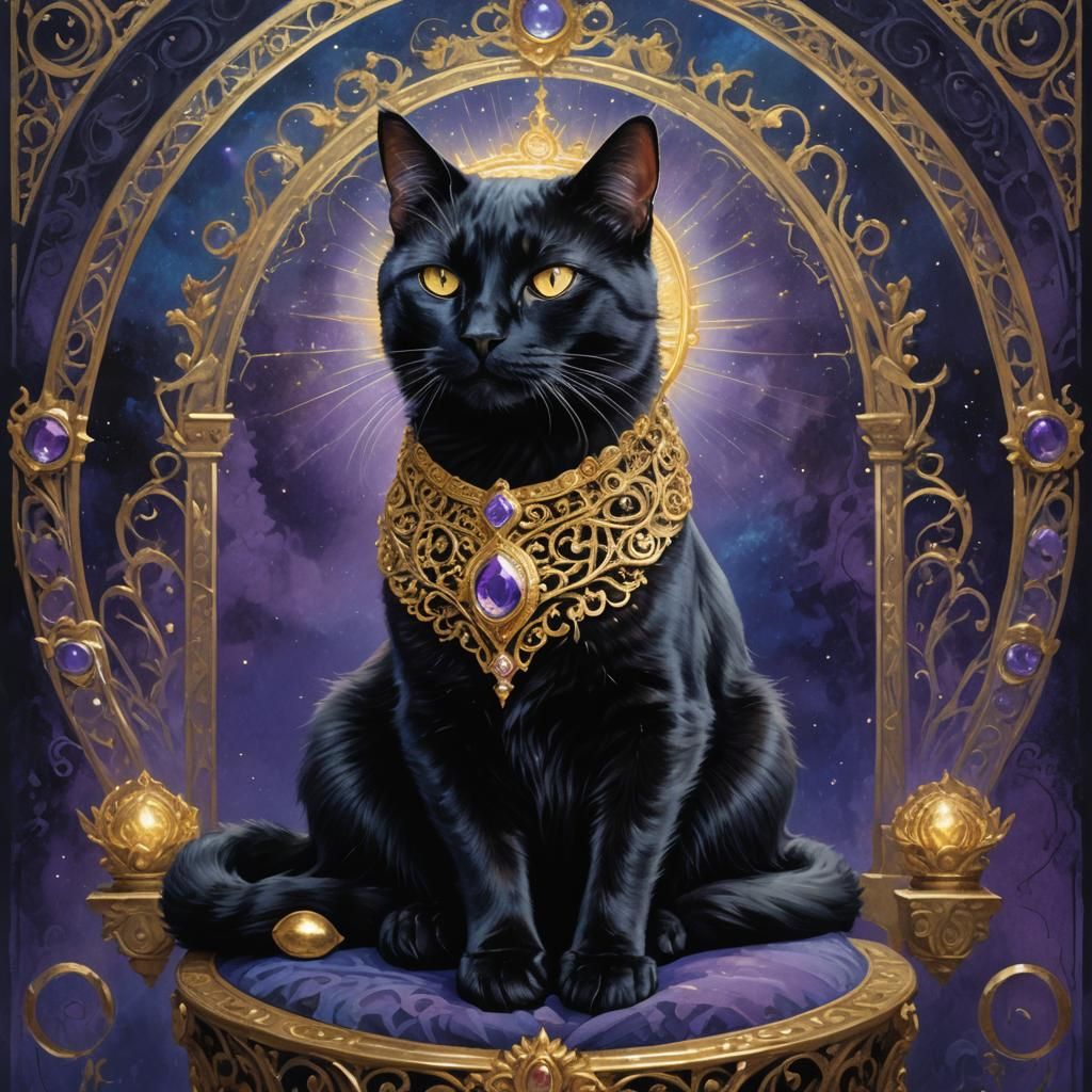 Regal Black Cat King on Ancient Throne