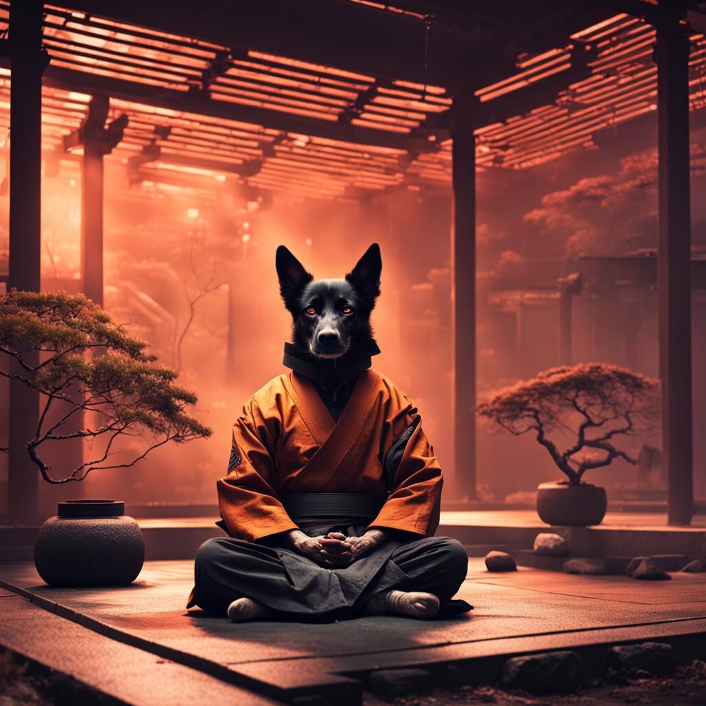 Cyberpunk Samurai Meditating in Ukiyo-e Zen Garden
