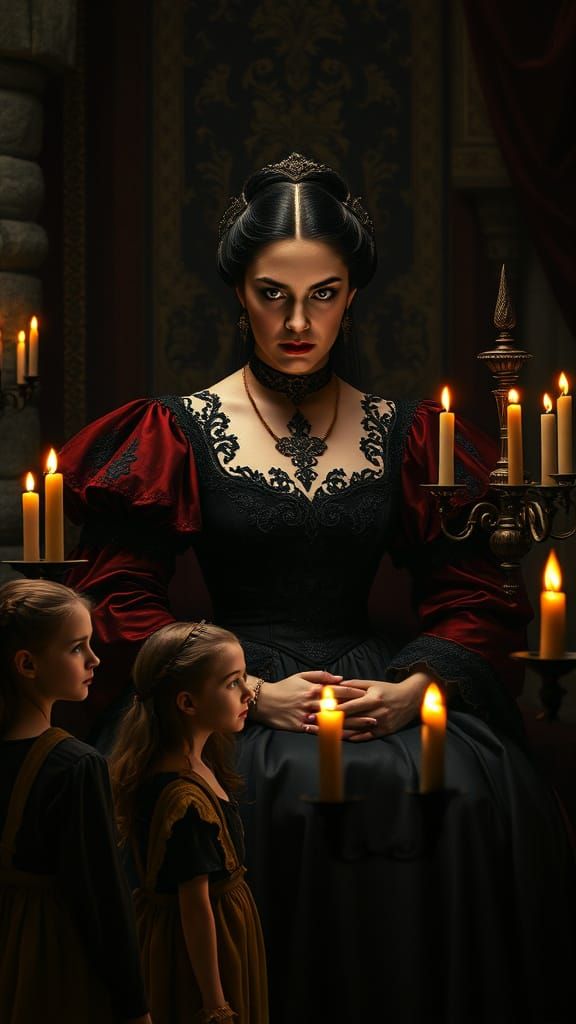 Elegant Noblewoman in Gothic Chamber Examines Young Women