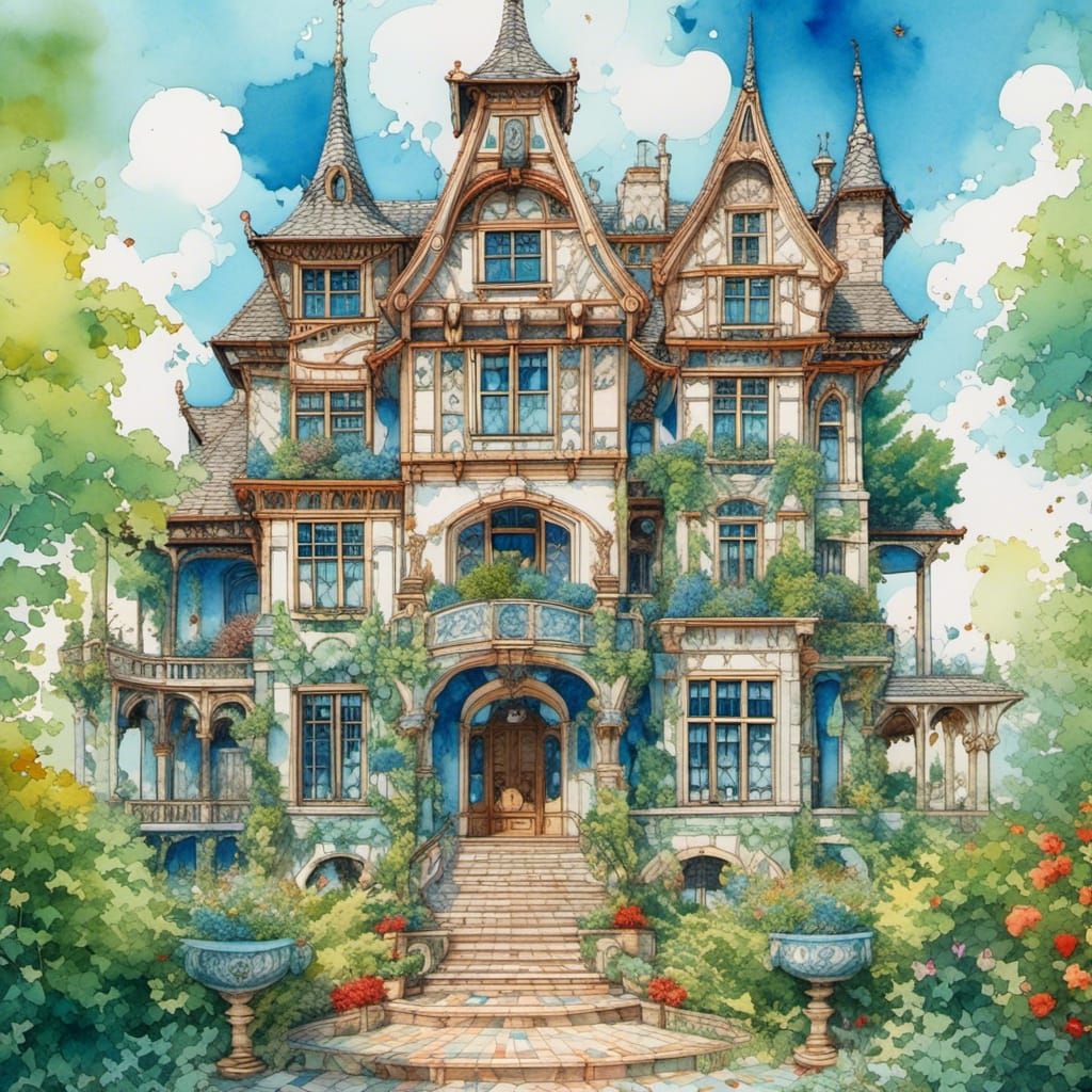 Tudor Mansion in Watercolor and Ink Splatter Style