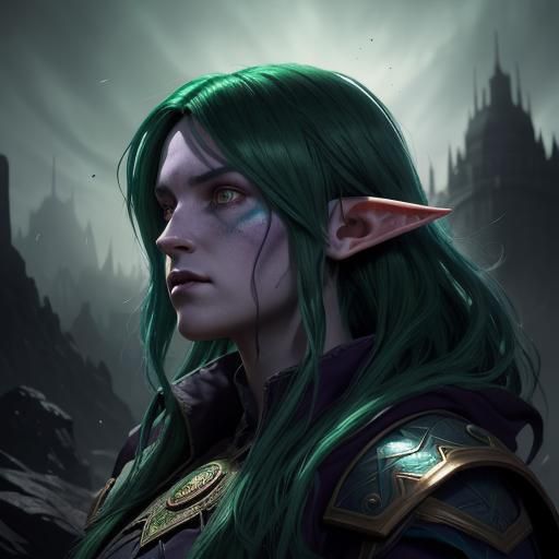 Green-Haired Elf in Dark Fantasy Style