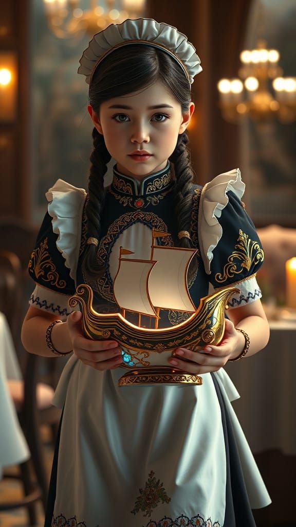 Futuristic Maid Girl Carries Ancient Merchant Ship Soup Ture...
