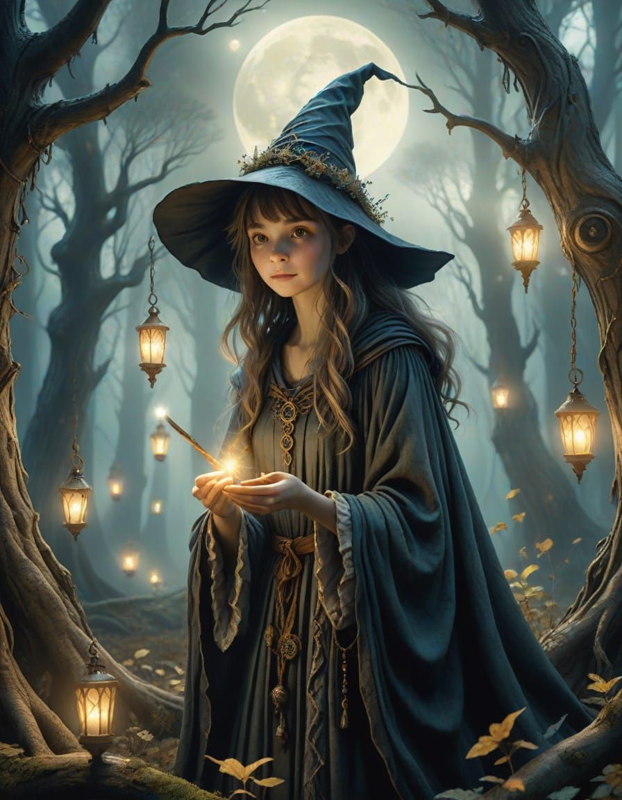 Enchanted Witch in Whimsical Forest Landscape