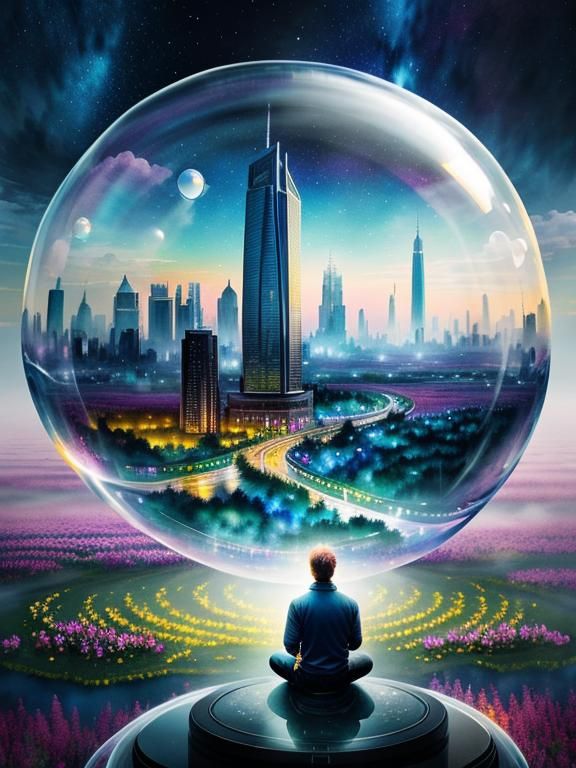 Meditating Figure in Bubble Halts Time