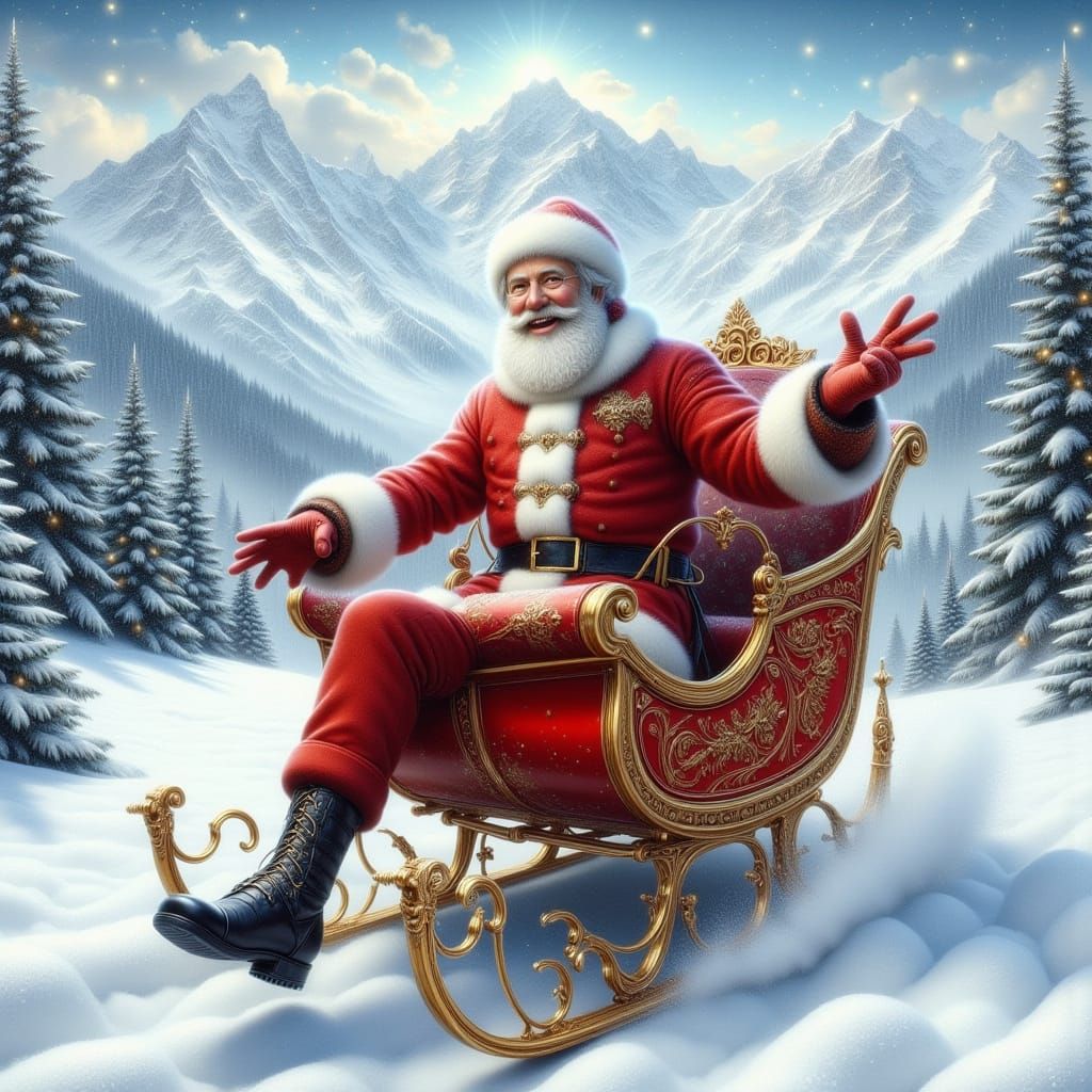 Santa Claus Racing Down Snowy Mountain
