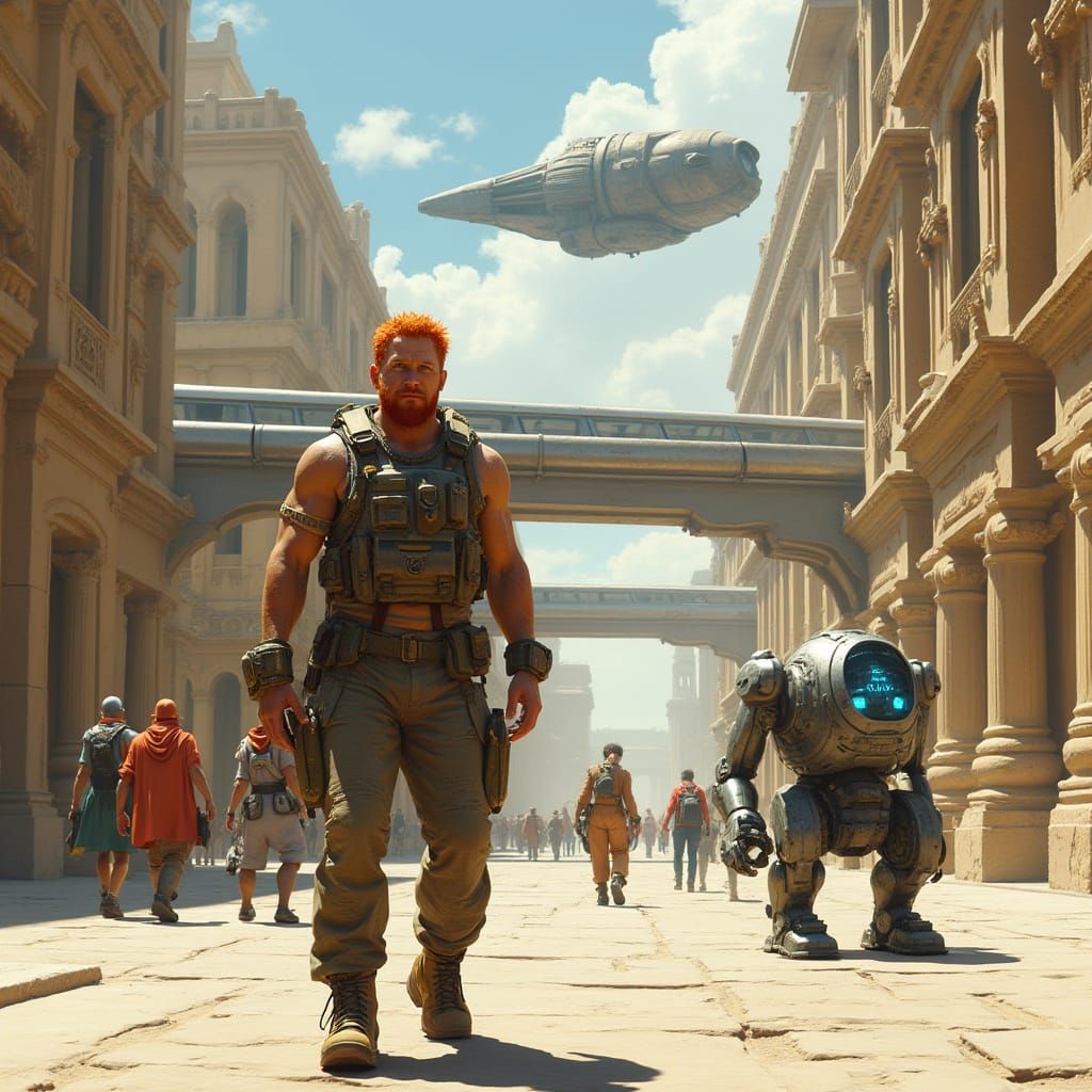 Red-Haired Man Stands on Futuristic Street with Monorail and...