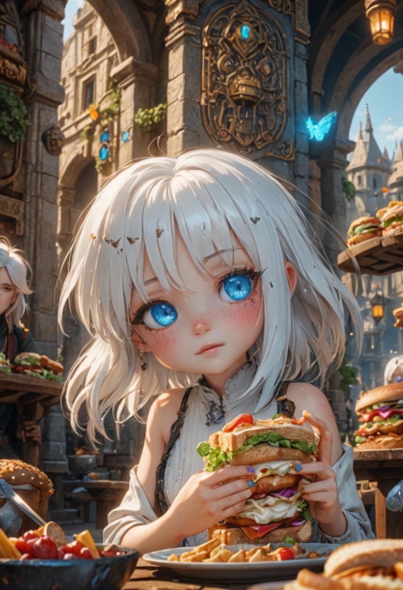 Pretty Girl Eating Sandwich in Detailed Matte Painting
