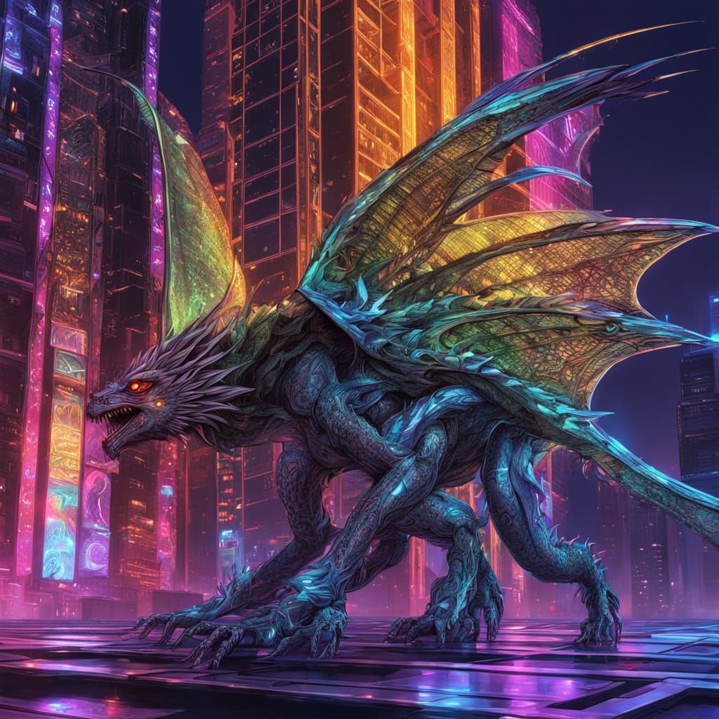 Cyberpunk Fantasy Dragon in Neon-Noir Aesthetic