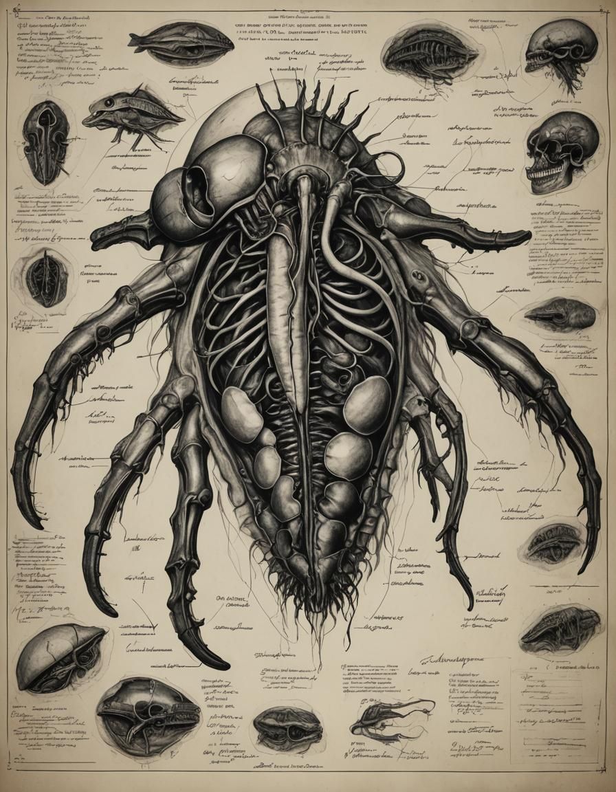Detailed Autopsy of Deep Sea Creature in Black and White